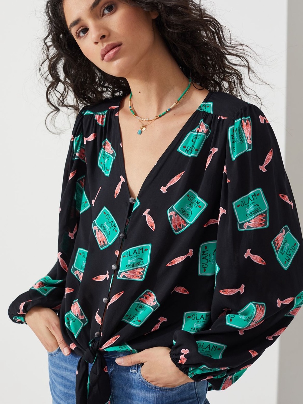 Anthropologie Kendra Dandy Dreamer Blouse Sardine Print Tie-Front